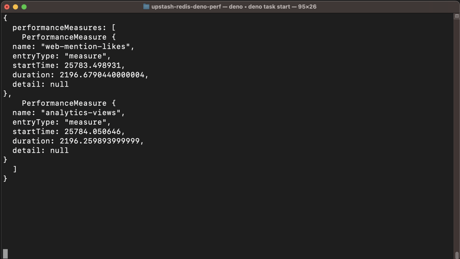 Upstash for Redis and Performance API: screen capture shows measures for analytics views and web-mention-likes, duration for each is just over 2 seconds